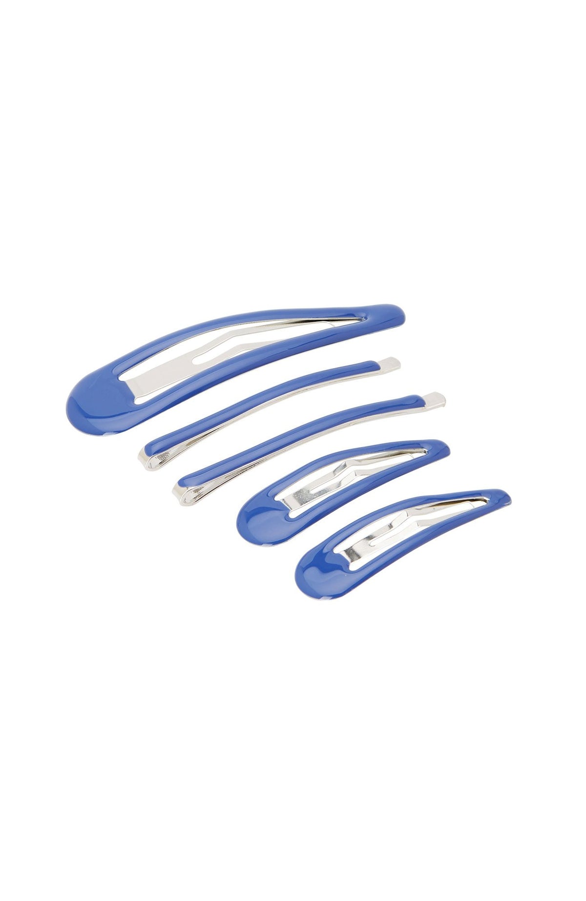 Blue Hair Clips, Set of 5 hair accessories includes 2 bobby pins, 2 small click clack clips, and 1 large click clack clip