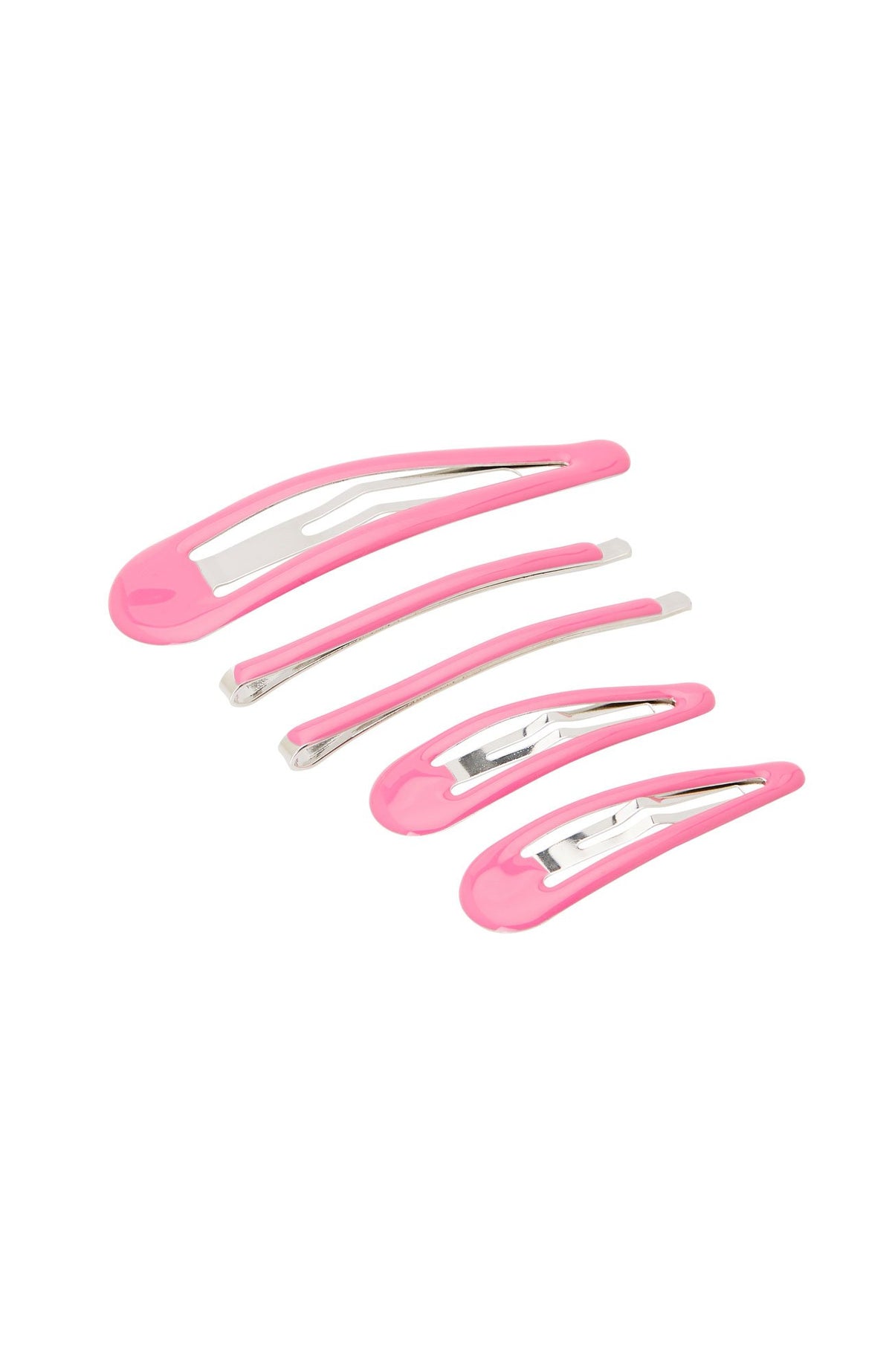 Pink Hair Clips, Set of 5 hair accessories includes 2 bobby pins, 2 small click clack clips, and 1 large click clack clip