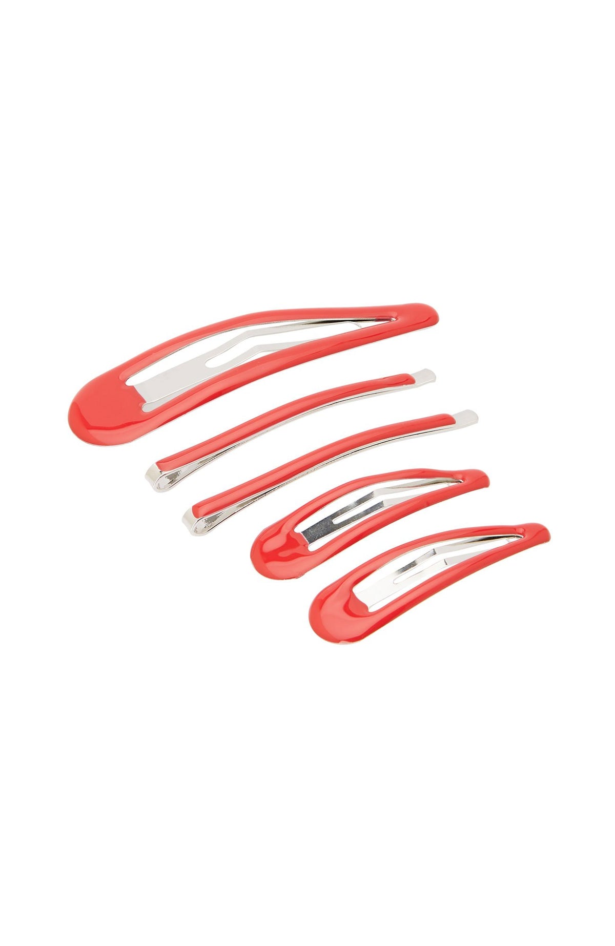 Red Hair Clips, Set of 5 hair accessories includes 2 bobby pins, 2 small click clack clips, and 1 large click clack clip