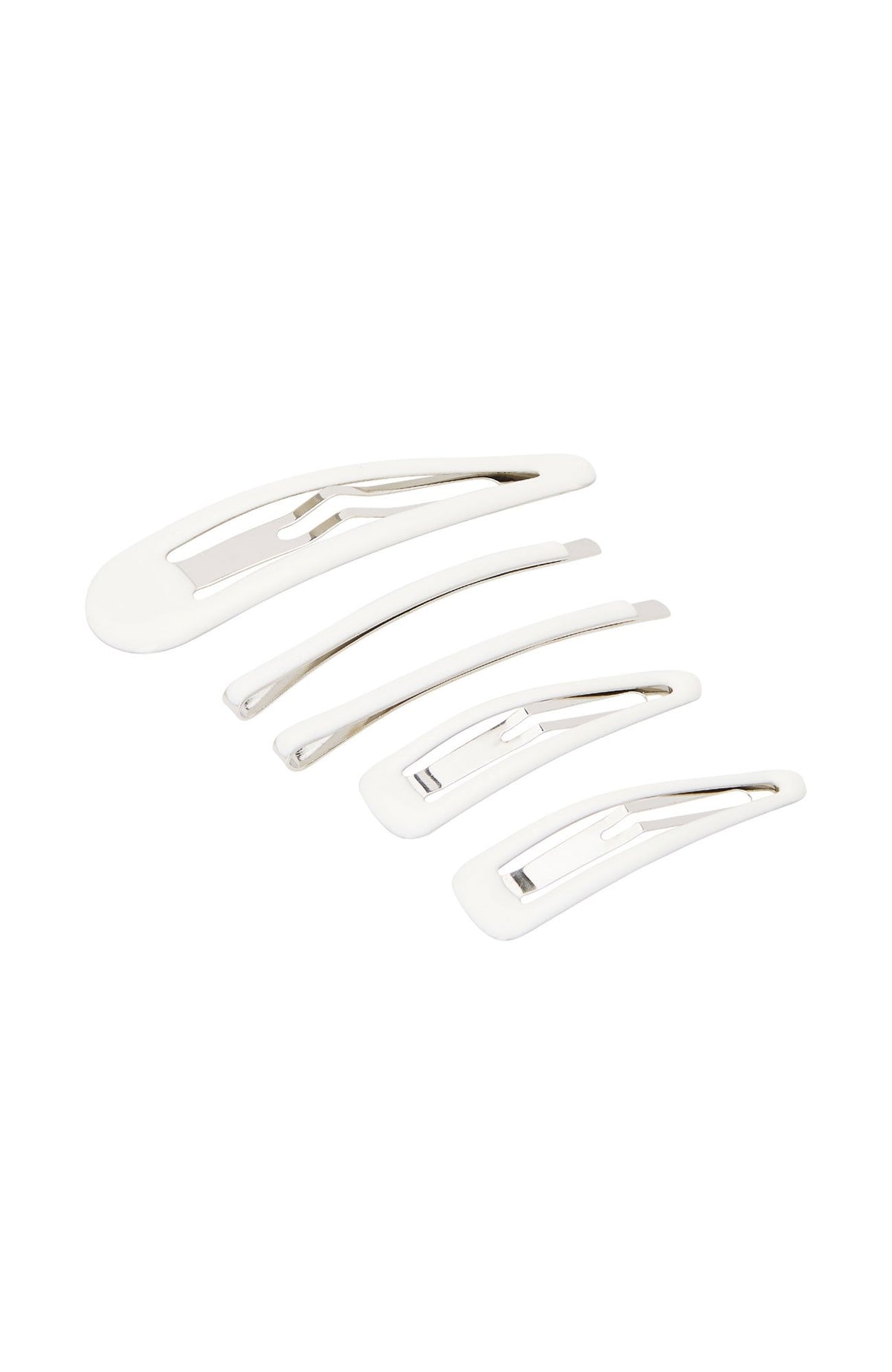White Hair Clips, Set of 5 hair accessories includes 2 bobby pins, 2 small click clack clips, and 1 large click clack clip