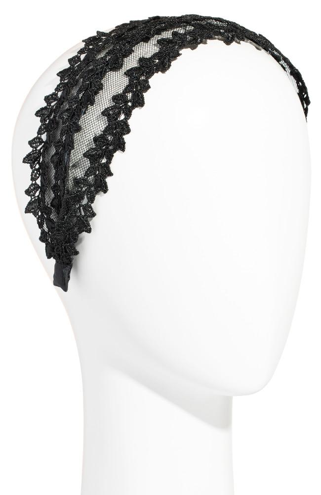 Wide headband made of black lace and mesh pictured on manequin, L. Erickson