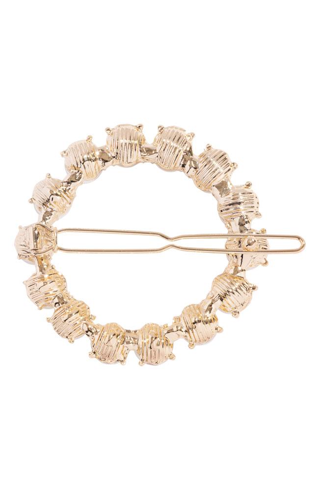 Gold tone hair clip, round with tige boule clasp and white pearls