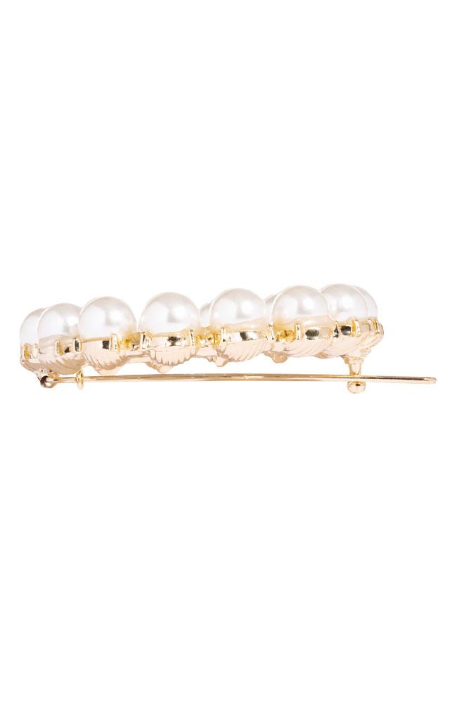 White pearl hair clip with gold tone tige boule clasp, L. Erickson, side view