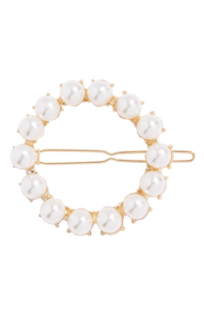 Round White Pearl and Gold Hair clip, L. Erockson