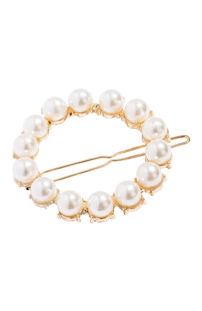 Round Pearl Hair Clip with tige boule clasp, cream pearl and gold tone, L. Erickson