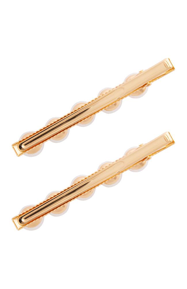 Pearl and gold alligator hair clips, bottom view, by L. Erickson