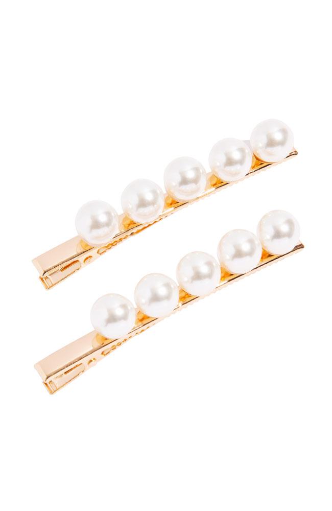 Pair of Decorative Pearl & Gold Hair Alligator Clips with Teeth, Etta Pearl Pinch Clip by L. Erickson. Each clip features 5 white pearls.