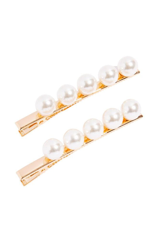 Pair of Decorative Pearl & Gold Hair Alligator Clips with Teeth, Etta Pearl Pinch Clip by L. Erickson. Each clip features 5 white pearls.